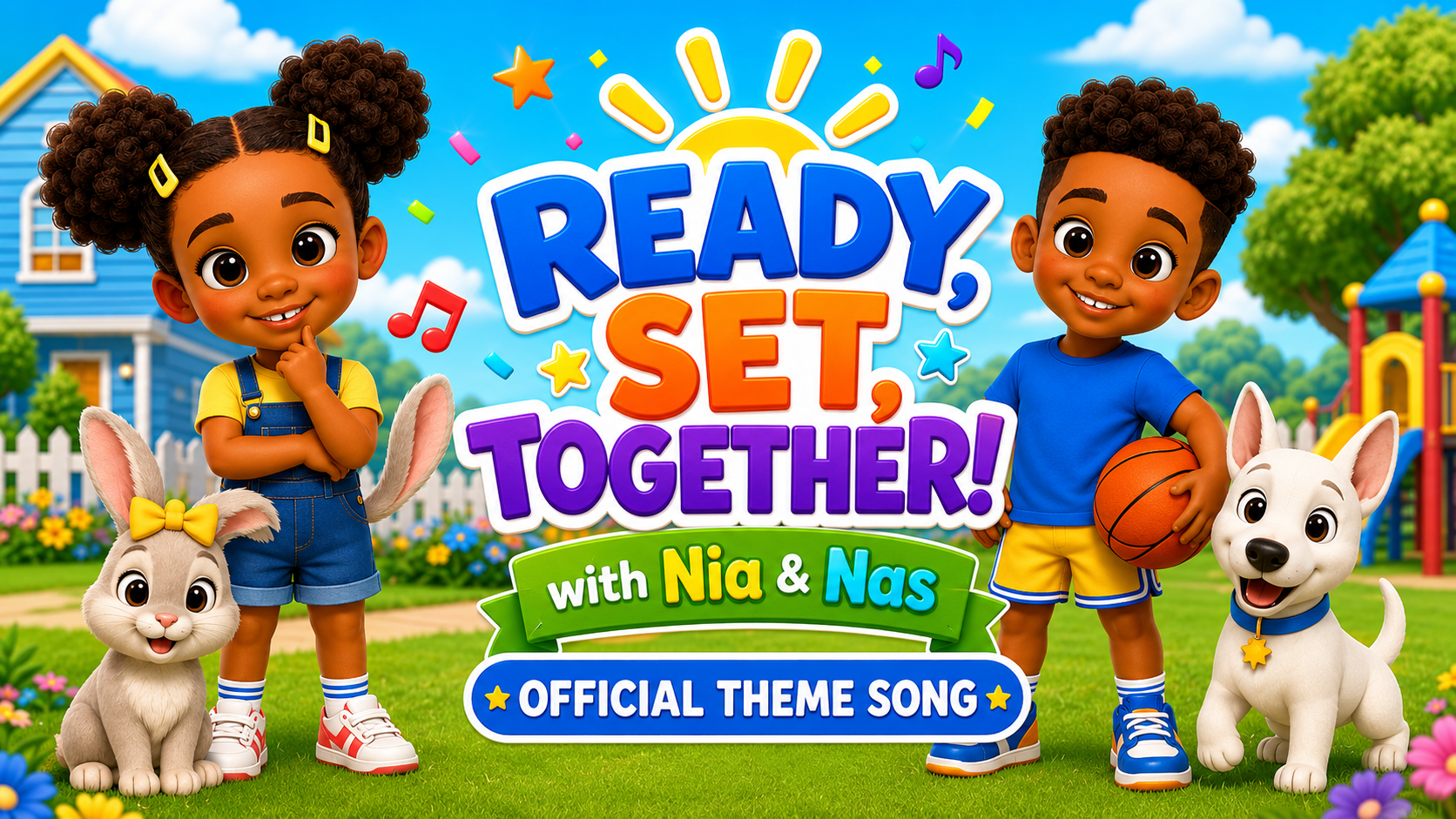 Nia, Nas, Willow, and Max in their colorful neighborhood